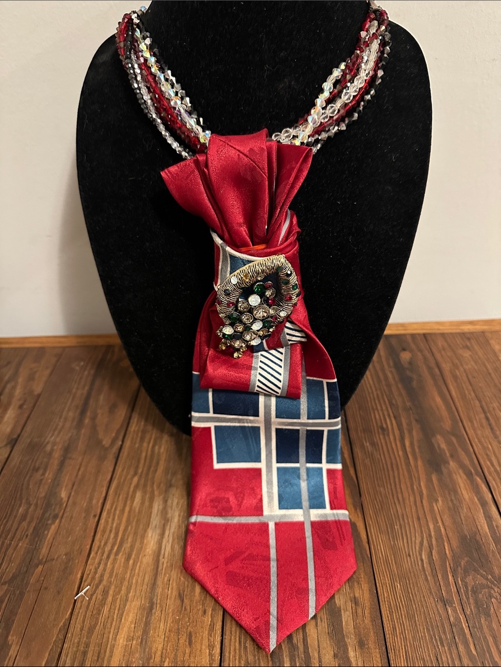 Red & Blue Geometric Silk Necklace Tie with Jeweled Brooch